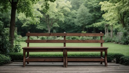Poster - Wooden benches in serene green garden setting surrounded by lush trees creating a peaceful natural ambiance for relaxation and contemplation.