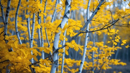 Poster - Vibrant yellow birch foliage against a backdrop of white tree trunks in a serene autumn forest setting.