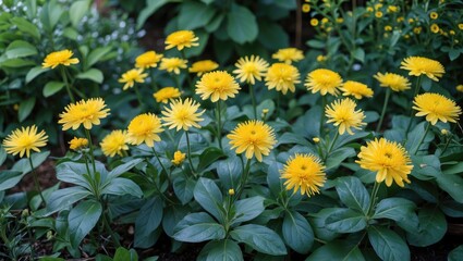 Poster - Vibrant Yellow Daisy Flowers Surrounded by Lush Green Foliage in a Serene Garden Setting