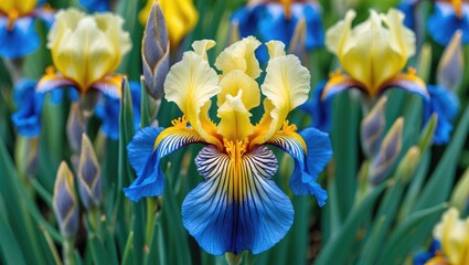 Poster - Vibrant Yellow and Blue Iris Blooms in Garden Setting with Lush Green Background and Space for Text or Floral Designs