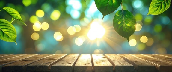 Poster - Wooden Table With Empty Space And Blurred Green Leaves In Sunlight Bokeh Ideal For Backgrounds And Text Decoration In Nature Themes