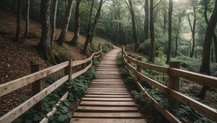 Poster - Serene wooden trail winding through lush green forest with wooden fence inviting peaceful nature exploration