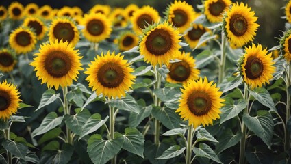 Poster - Vibrant Sunflower Field in Full Bloom with Lush Green Leaves and Ample Copy Space for Text in a Summer Landscape.