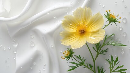 Wall Mural - vibrant yellow cosmos flower with water drops on a soft white fabric background