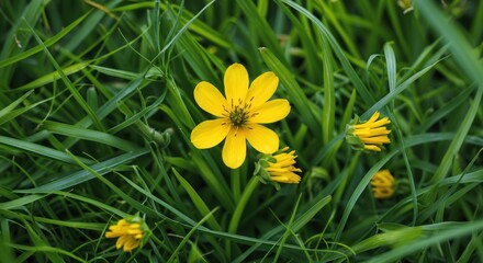 Poster - Vibrant yellow wildflower surrounded by lush green grass creating a natural texture background ideal for outdoor and nature themes.