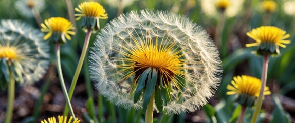Poster - Macro Close-Up of Vibrant Yellow Dandelions in Bloom Against a Soft Focus Spring Nature Background. Perfect for Nature Themes.
