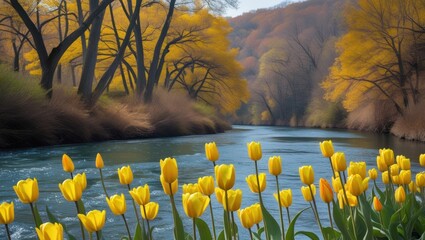 Poster - Blooming yellow tulips by a tranquil river with stunning autumn foliage in the background creating a picturesque seasonal landscape scene.