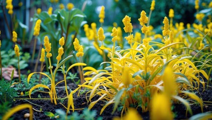 Wall Mural - vibrant yellow flowers and foliage flourishing in a lush garden setting showcasing nature's beauty a