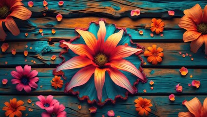 Poster - Vibrant floral arrangement on colorful wooden surface showcasing intricate designs and textures of flowers and wood grain.