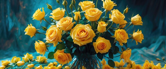 Poster - Vibrant yellow rose bouquet with elegant petals and lush greenery set against a textured backdrop showcasing floral beauty and tranquility.