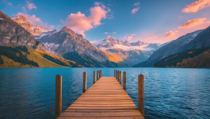 Poster - Serene Wooden Pier Over Tranquil Lake Surrounded By Majestic Alps Under Colorful Morning Sky Perfect For Text Overlay