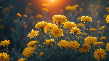 Poster - Vibrant Yellow Flowers Illuminated by Soft Orange Light in a Natural Landscape Setting