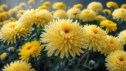 Poster - Vibrant yellow chrysanthemums in bloom creating a cheerful garden backdrop with rich textures and natural beauty for garden inspiration