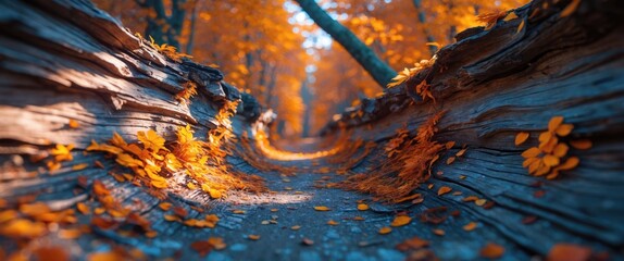 Poster - Autumn forest path with vibrant orange leaves and textured wooden logs in a serene natural setting showcasing seasonal beauty.
