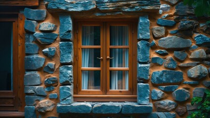 Poster - Wooden window framed by rustic stone wall showcasing traditional architecture and natural materials in a cozy house setting