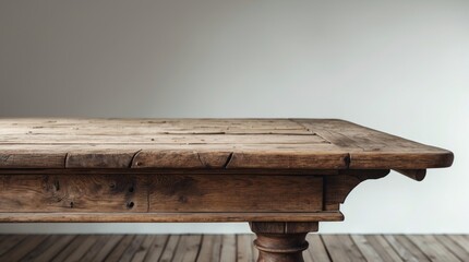 Poster - Rustic wooden table top detail isolated on neutral background ideal for product placement or artistic montages showcasing craftsmanship
