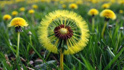 Poster - Vibrant Yellow Dandelion Flower Surrounded by Lush Green Grass in a Scenic Landscape with Space for Text or Branding