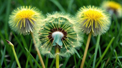 Poster - Close-up of vibrant yellow dandelion flowers against a lush green grass background showcasing nature's beauty and detail.