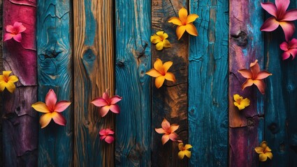 Poster - vibrant wooden background adorned with colorful flowers creating a striking visual contrast in rusti