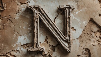 Poster - Distressed Typography of Letter N on Cracked Wall Surface in Vintage Aesthetic