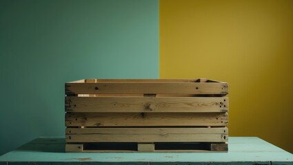 Poster - Wooden crate on table with vibrant teal and yellow background showcasing space for creative text or product display. Ideal for advertisement.
