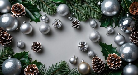 Poster - Christmas Background Featuring Silver Ornaments Pinecones and Green Leaves with Blank Space for Text or Seasonal Greetings