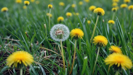 Poster - Vibrant Dandelion Flowers in Green Grass Field with a Focus on Blooming Landscape and Room for Text Integration in Nature Theme