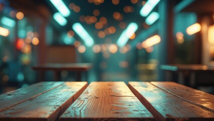 Poster - Wooden Table Surface in Front of Blurred Background with Ambient Lights Ideal for Product Display or Montage Vintage Style Image.