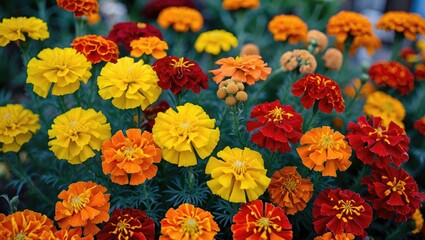 Poster - Vibrant Marigold Flower Garden with Yellow, Red, and Orange Blooms in Full Bloom Symbolizing Beauty and Nature's Palette