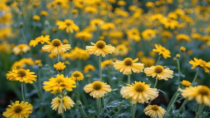Poster - Vibrant Yellow Rudbeckia Flowers in a Lush Garden Setting with Selective Focus Creating a Soft Depth of Field Effect