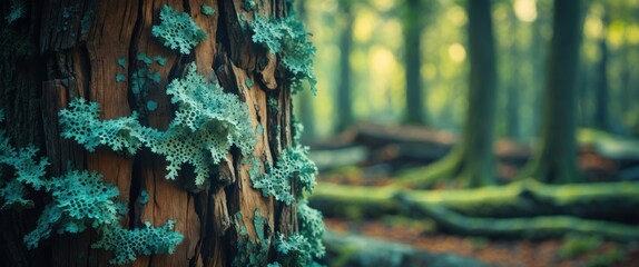 Poster - Lichen-covered tree trunk in a serene forest, symbolizing environmental health and sustainability in a blurred natural backdrop.