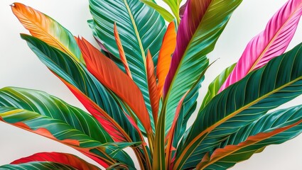 Poster - Vibrant Ti Plant Leaves Capturing Exotic Tropical Foliage Isolated on White Background with Space for Text and Design Elements