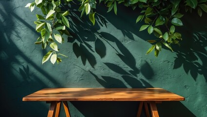 Poster - wooden table against dark green wall with leaf shadows and light reflections ideal for nature-themed