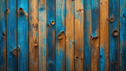 Poster - Vibrant wooden texture with blue and brown hues showcasing natural grain patterns and unique knots for decorative backgrounds.