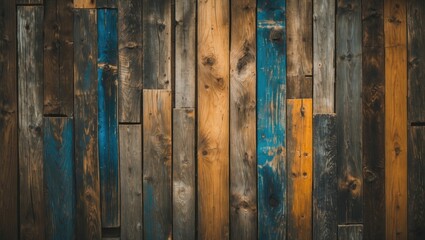 Poster - Textured wooden wall background with a mix of aged boards in natural and blue tones for rustic and vintage design projects.