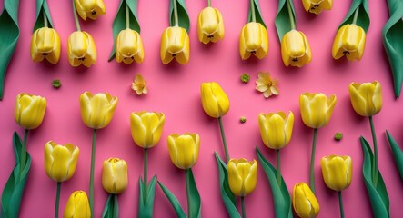 Poster - Yellow tulip flowers arranged on a bright pink background in a flat lay style creating a vibrant and cheerful springtime atmosphere.