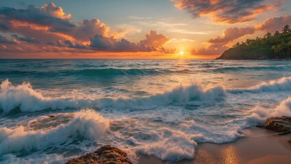 Poster - Serene sunset landscape over tranquil sea waves with golden hues reflecting on water creating a picturesque tropical evening atmosphere.