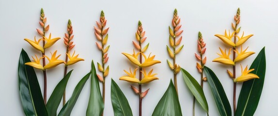 Poster - Ylang-Ylang Flowers with Green Leaves on White Background Ideal for Text Placement and Floral Design Concepts
