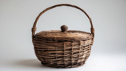 Poster - Rustic Woven Wooden Basket with Lid and Handle Isolated on White Background for Storage or Decorative Use