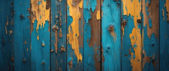Poster - Abstract wood texture with vibrant blue and yellow peeling paint for creative background design and artistic applications.