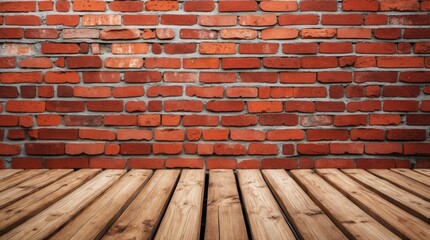 Poster - Wooden terrace with a rustic red brick wall texture background showcasing natural colors for interior and exterior design concepts.