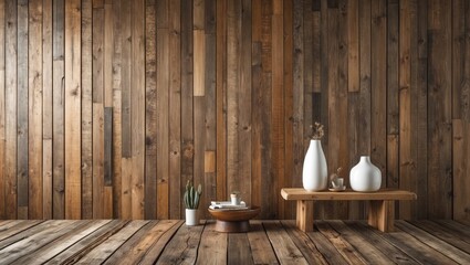 Poster - Natural wooden wall interior with stylish decor elements for home design and texture inspiration