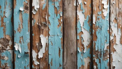 Poster - Aged wooden boards with peeling blue paint creating a rustic background texture for design elements or artistic projects