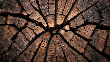 Poster - Closeup of a cut tree trunk showcasing detailed wood texture and intricate cracks highlighting its age and natural patterns.