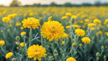 Poster - Vibrant Yellow Flowers Blooming in a Lush Green Field under Soft Evening Light