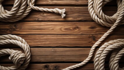 Poster - Wooden surface with textured marine rope creating an organic frame and ample copy space for maritime or rustic-themed designs