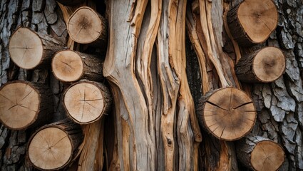 Poster - Natural wood texture background with tree trunks and cross-cut logs displaying organic patterns and earthy tones for design or decoration.