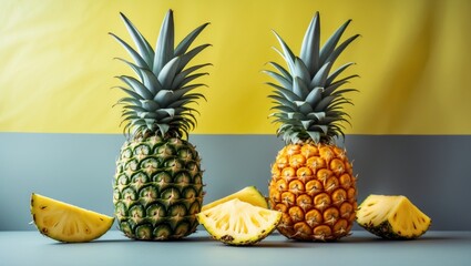 Poster - Tropical pineapple still life with vibrant yellow and gray background highlighting modern design trends and summer vibes in flat lay composition