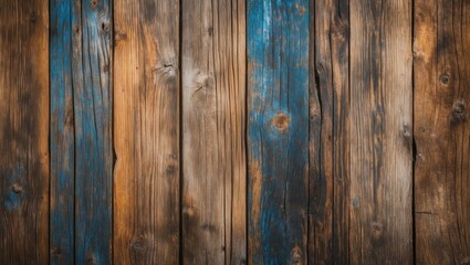 Poster - Rustic wood texture background featuring aged panels with vibrant blue accents for design and decoration purposes.