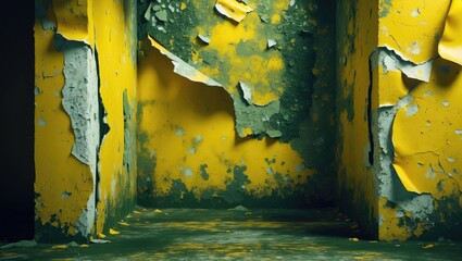 Poster - Faded yellow walls with moss and peeling paint creating a textured, aged background ideal for vintage or grunge themes in design.
